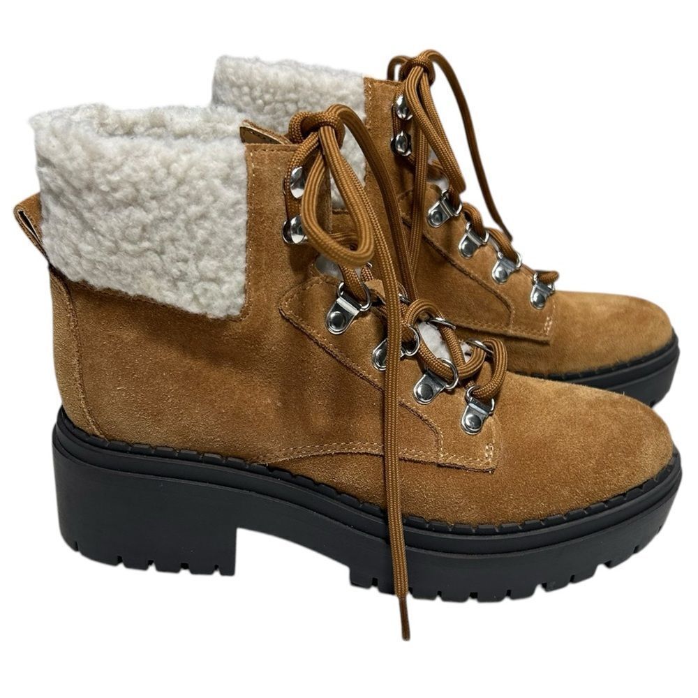 Marc Fisher Suede Leather Moto Boots Faux Fur Trim Leigan Hiker Boots Shearling